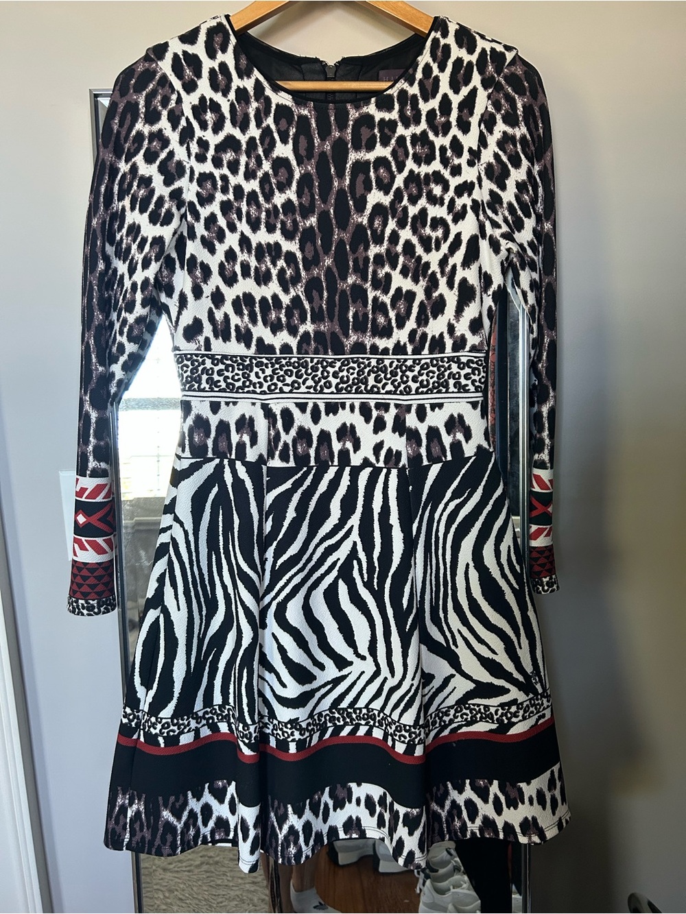 Hale Bob Black & White Mixed Animal Print Long-Sleeve Fit-and-Flare Dress